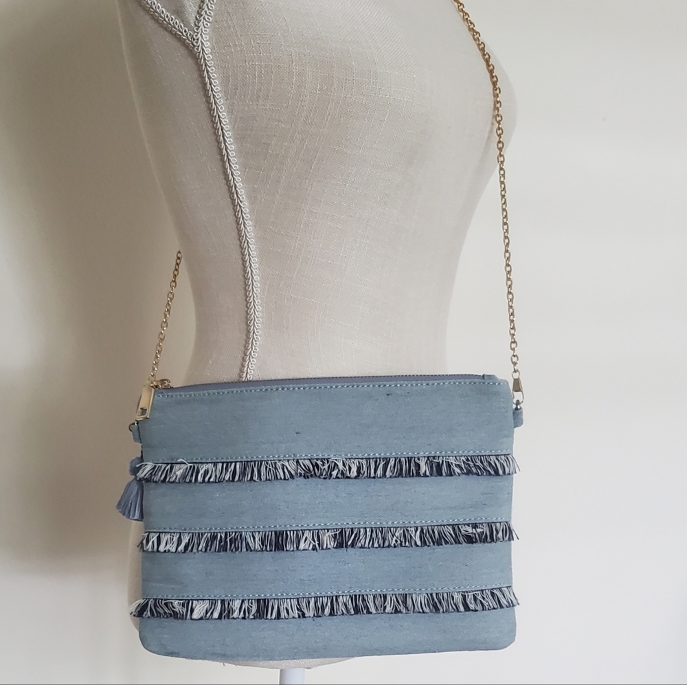 Denim Fringe Clutch/Crossbody with Removable Chain in light blue denim